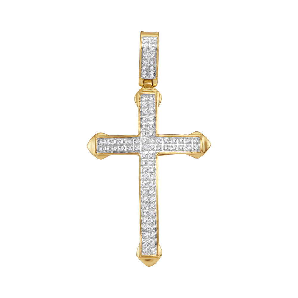 10K Yellow Gold Mens Round Diamond Cross Charm Pendant 1/4 Cttw, Length: 2.02 In, Width: 1.06 In