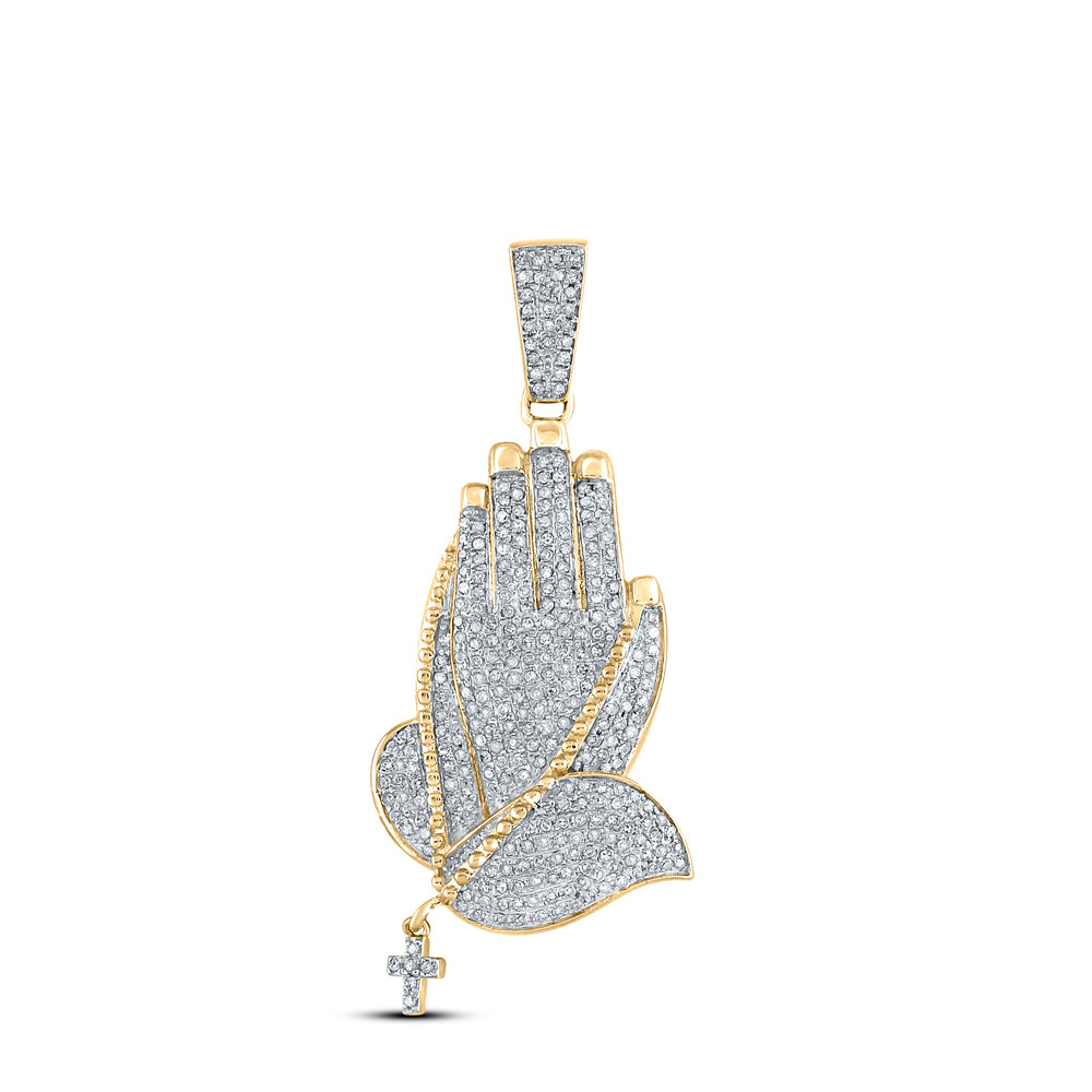 10K Yellow Gold Mens Round Diamond Prayer Hands Charm Pendant 7/8 Cttw, Length: 1.66 In, Width: 0.8 In
