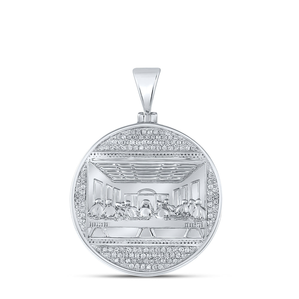 10K White Gold Mens Round Diamond Last Supper Circle Charm Pendant 1/2 Cttw, Length: 1.59 In, Width: 1.15 In