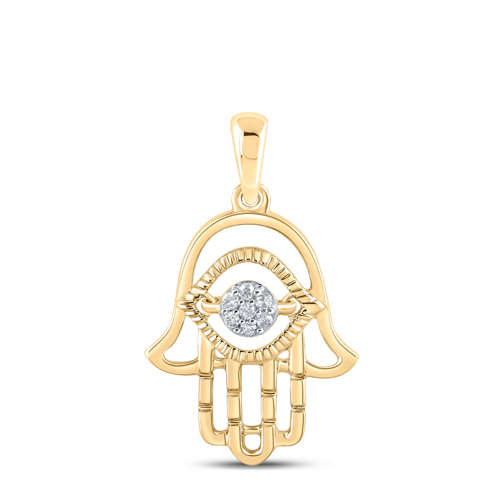 10K Yellow Gold Womens Round Diamond Hamsa Fashion Pendant 1/20 Cttw, Length: 0.95 In, Width: 0.57 In