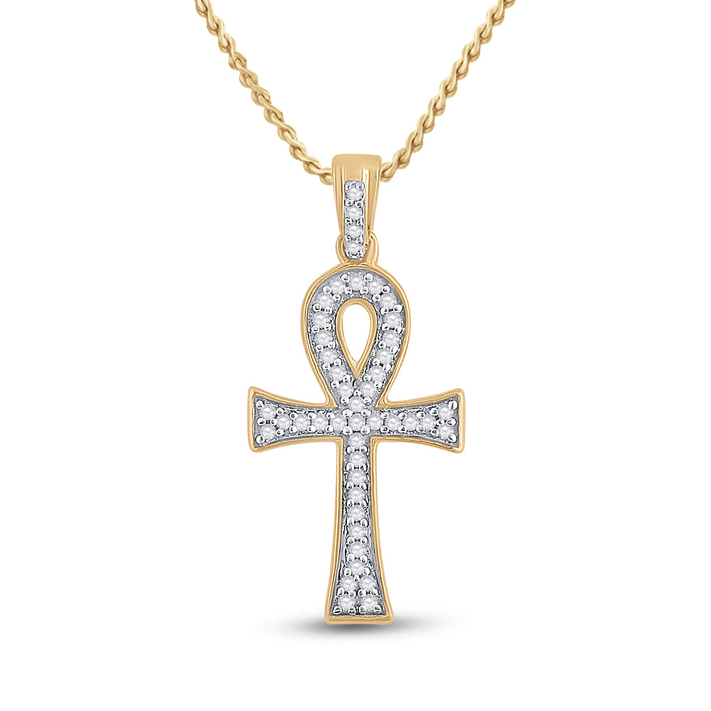 10K White Or Yellow Gold Mens Round Diamond Ankh Cross Charm Pendant