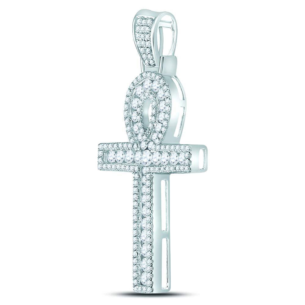 10K Yellow Or White Gold Mens Round Diamond Ankh Cross Charm Pendant 1 Cttw, Length: 1.62 In, Width: 0.81 In