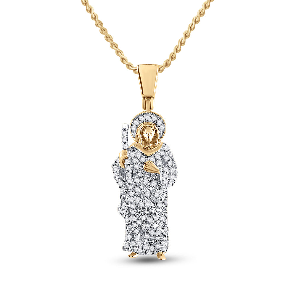 14K Yellow Gold Mens Round Diamond Jesus Saint Charm Pendant 3/8 Cttw