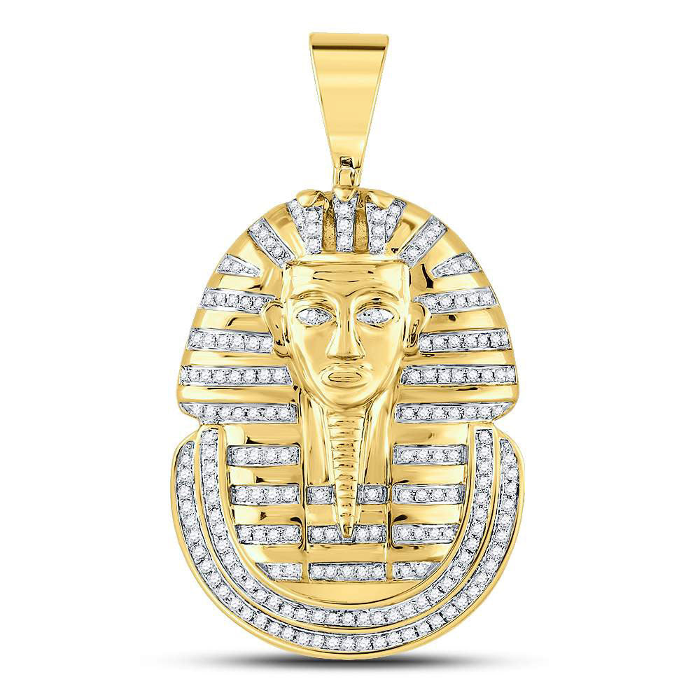 10K Yellow Gold Mens Round Diamond Pharaoh Face Charm Pendant 5/8 Cttw, Length: 1.75 In, Width: 1 In