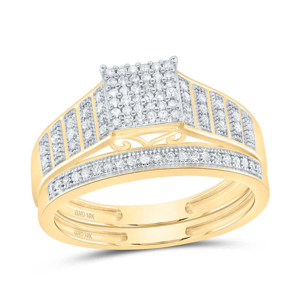 10K Yellow Gold Round Diamond Square Bridal Wedding Ring Band Set 1/4 Cttw, Womens Size: 5-10