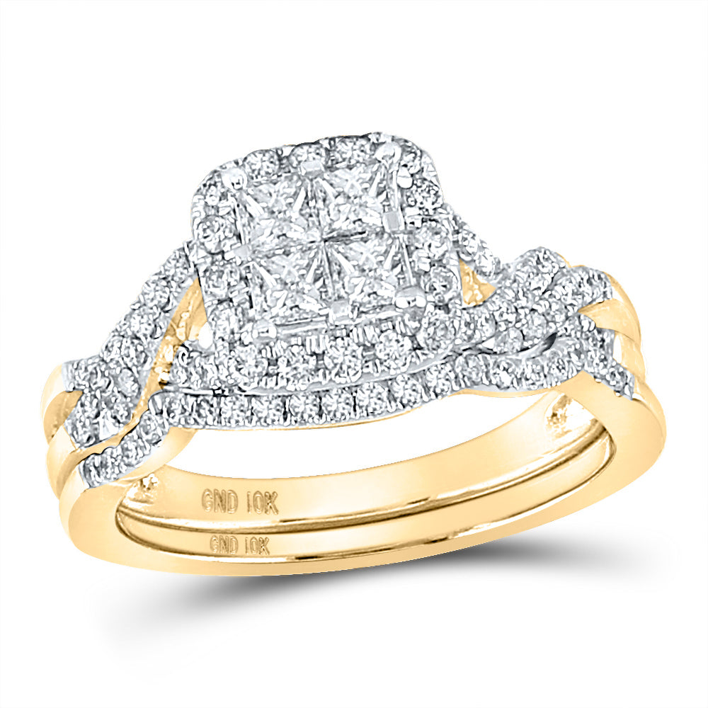 10K Yellow Gold Princess Diamond Halo Bridal Wedding Ring Band Set 1 Cttw, Womens Size: 5-10
