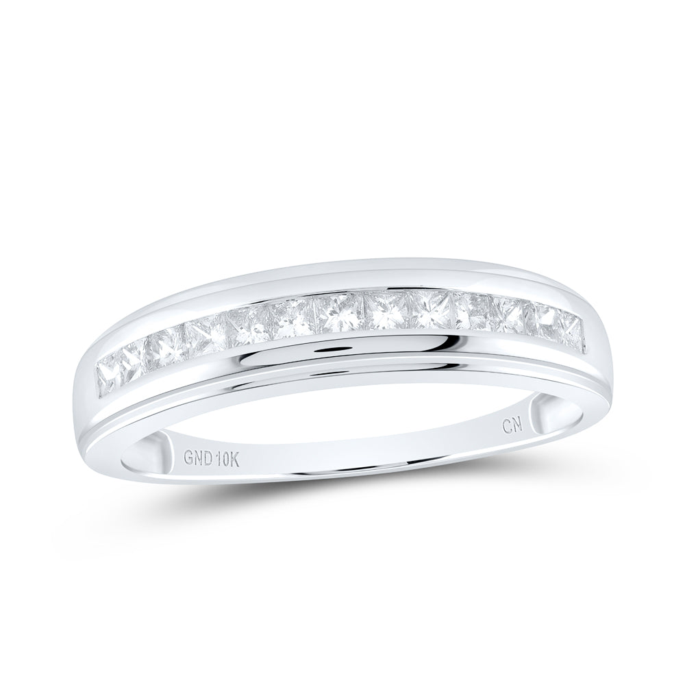 10K White Gold Mens Princess Diamond Single Row Wedding Band Ring 1/2 Cttw, Mens Size: 7-13