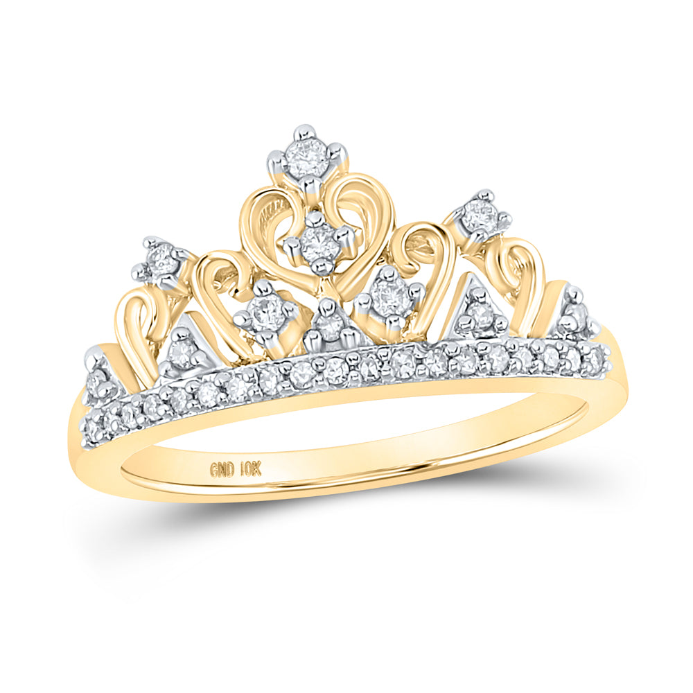 10K Yellow Gold Womens Round Diamond Tiara Crown Band Ring 1/5 Cttw, Womens Size: 5-10