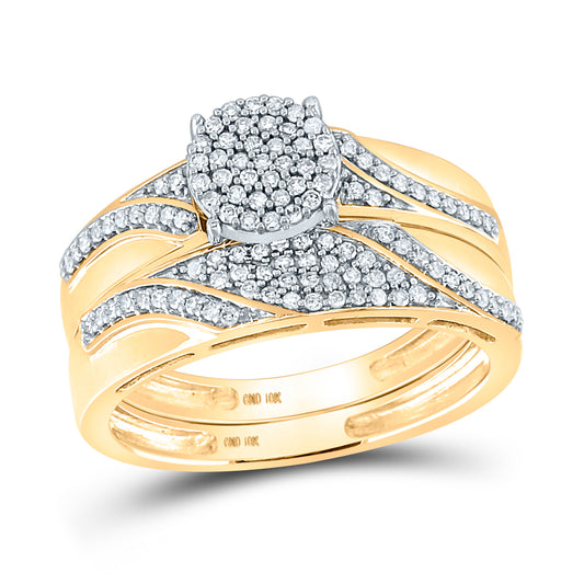 10kt Yellow Gold His & Hers Round Diamond Cluster Matching Bridal Wedding Ring Band Set 1/2 Cttw, Women Size: 5-9, Men Size: 8-12