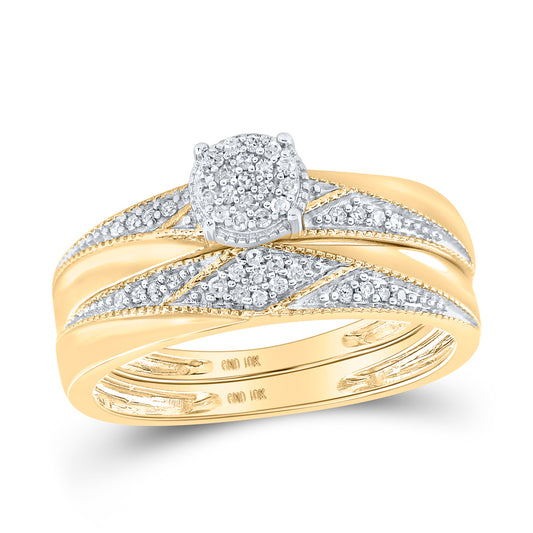 10kt Yellow Gold His & Hers Round Diamond Cluster Matching Bridal Wedding Ring Band Set 1/4 Cttw, Women Size: 5-9, Men Size: 8-12