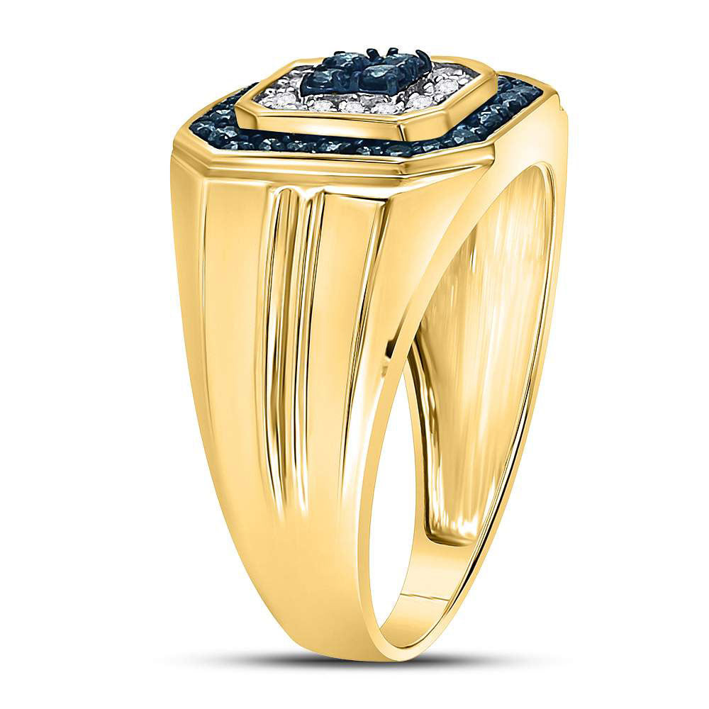 10K Yellow Gold Mens Round Blue Color Enhanced Diamond Square Ring 5/8 Cttw, Mens Size: 7-13