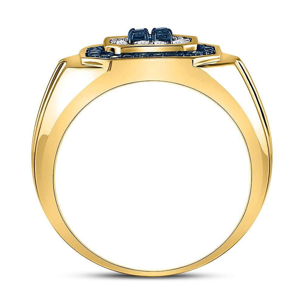 10K Yellow Gold Mens Round Blue Color Enhanced Diamond Square Ring 5/8 Cttw, Mens Size: 7-13