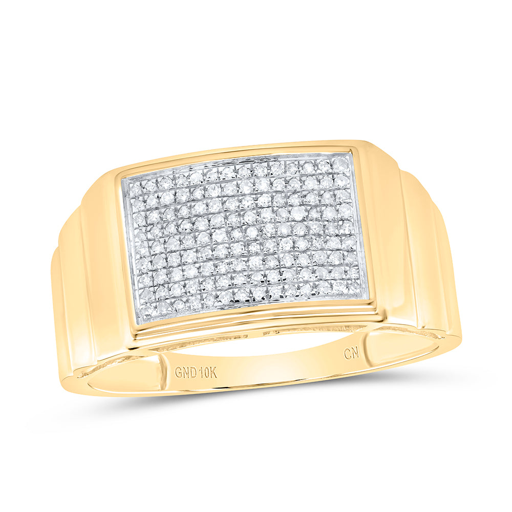 10K Yellow Or White Gold Mens Round Diamond Ribbed Rectangle Cluster Ring 1/4 Cttw, Mens Size: 7-13