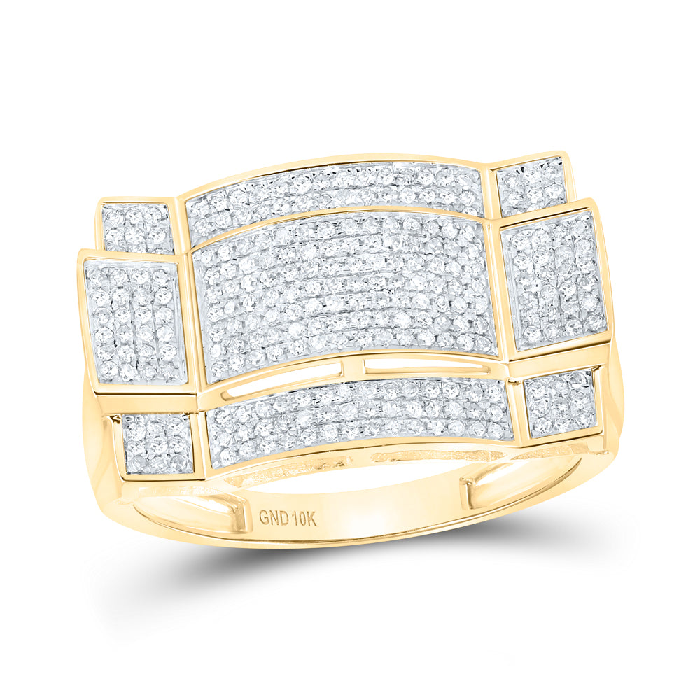 10K Yellow Gold Mens Round Diamond Contoured Rectangle Cluster Ring 1/2 Cttw, Mens Size: 7-13