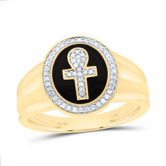 10kt Yellow Gold Mens Round Diamond Ankh Cross Ring 1/6 Cttw, Men Size: 8-12