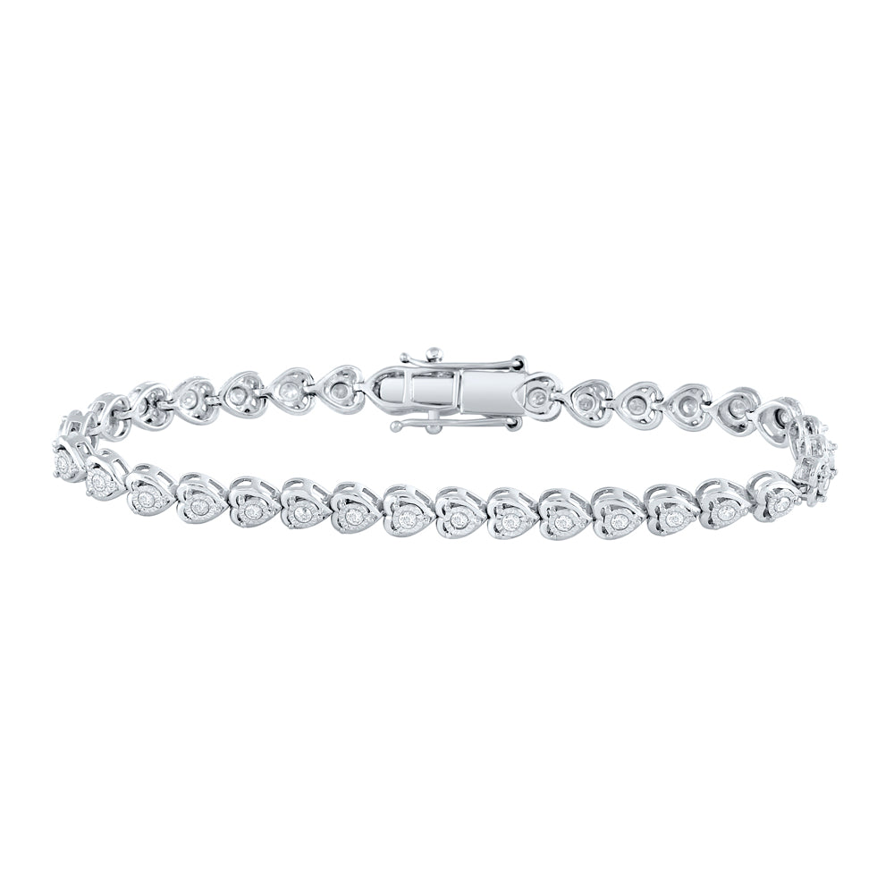 Sterling Silver Womens Round Diamond Heart Tennis Bracelet 1 Cttw, Length: 7.09 In, Width: 0.21 In