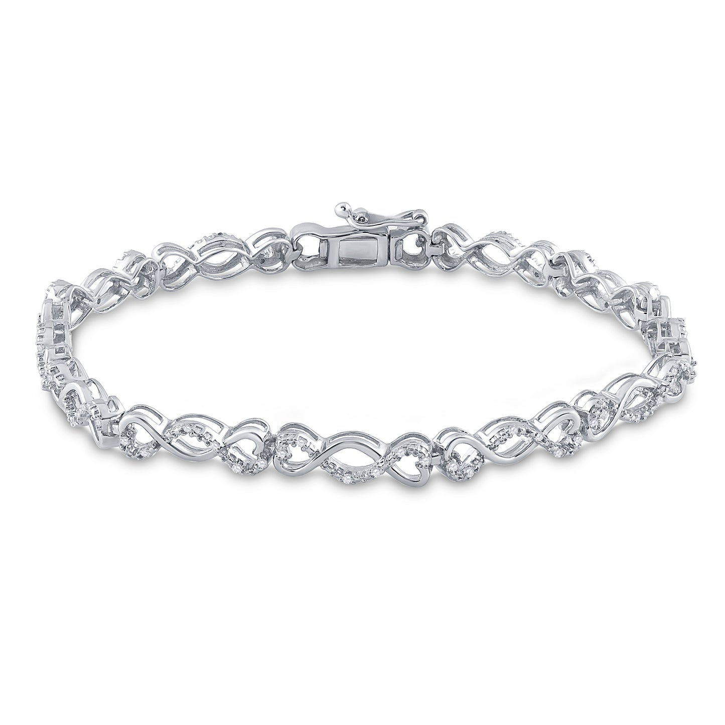 Sterling Silver Womens Round Diamond Heart Twist Link Bracelet 1/4 Cttw, Length: 7.09 In, Width: 0.18 In