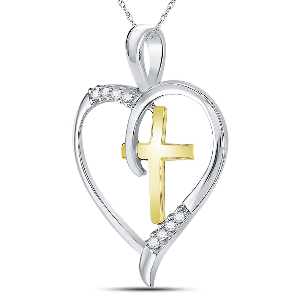 Sterling Silver Womens Round Diamond Cross Heart Pendant 1/20 Cttw