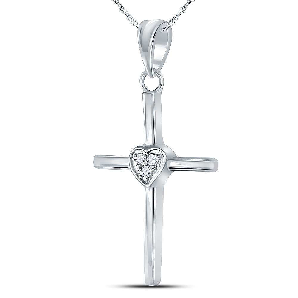 Sterling Silver Womens Round Diamond Heart Cross Pendant .03 Cttw, Length: 1.06 In, Width: 0.57 In