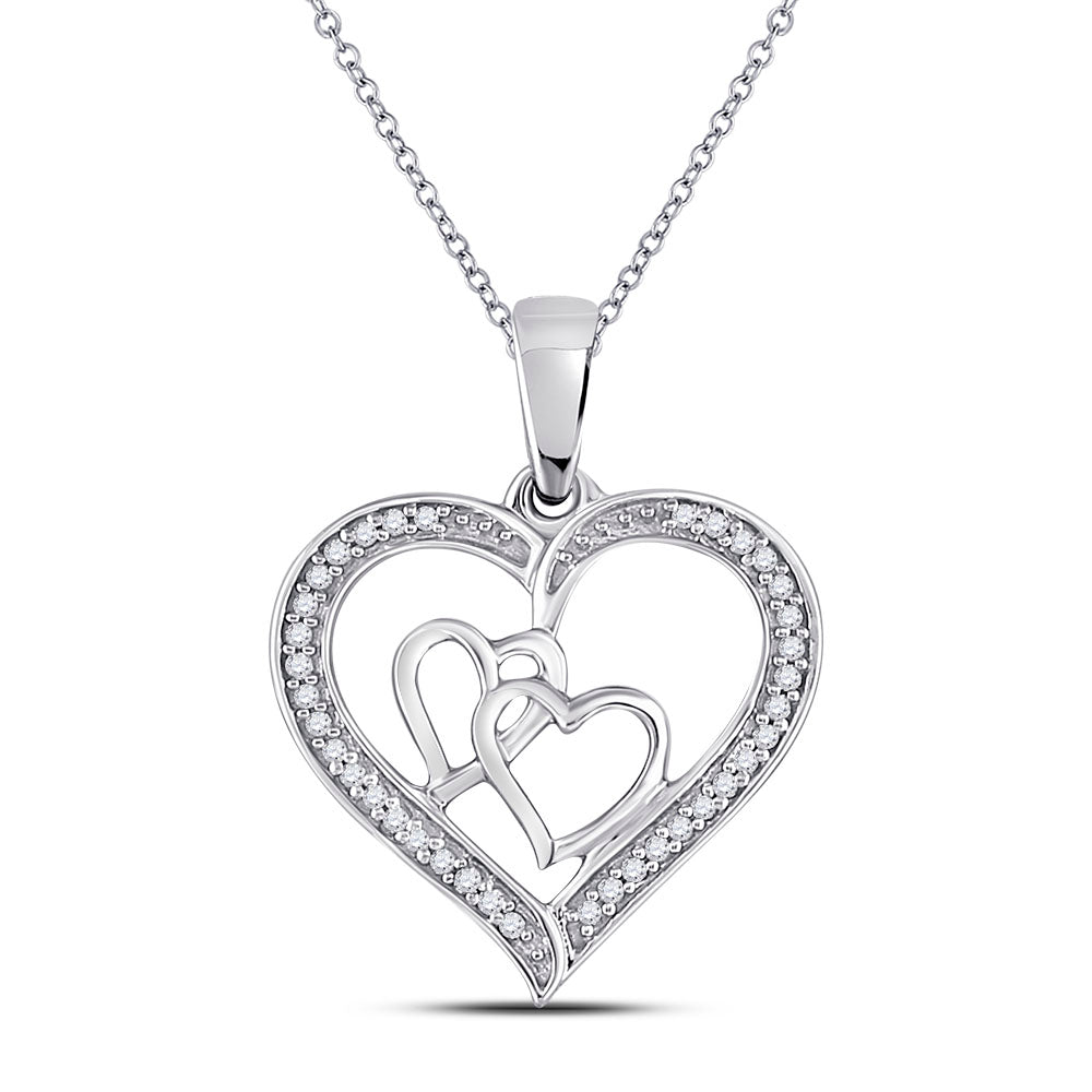 Sterling Silver Womens Round Diamond Triple Heart Outline Pendant 1/8ctw