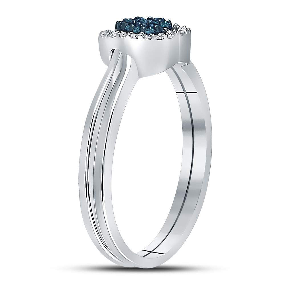 Sterling Silver Womens Round Blue Color Enhanced Diamond Heart Bridal Wedding Set 1/8 Cttw, Womens Size: 5-10