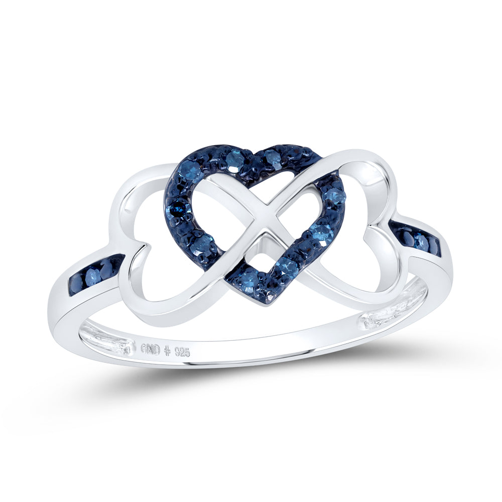 Sterling Silver Womens Round Color Enhanced Blue Diamond Triple Heart Infinity Ring 1/10 Cttw, Womens Size: 5-10