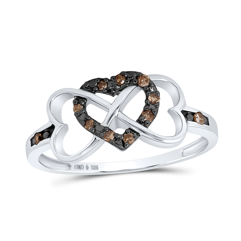 Sterling Silver Womens Round Brown Diamond Triple Heart Ring 1/10 Cttw, Womens Size: 5-10