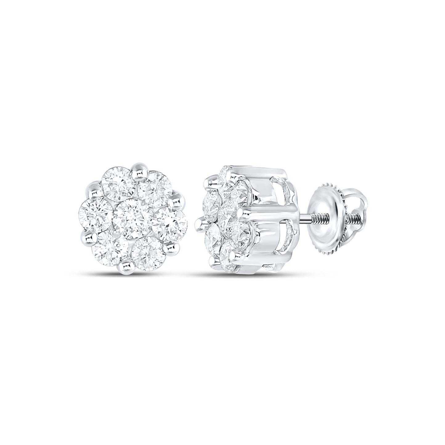 14K White Gold Womens Round Diamond Large Flower Cluster Stud Earrings 1-1/2 Cttw