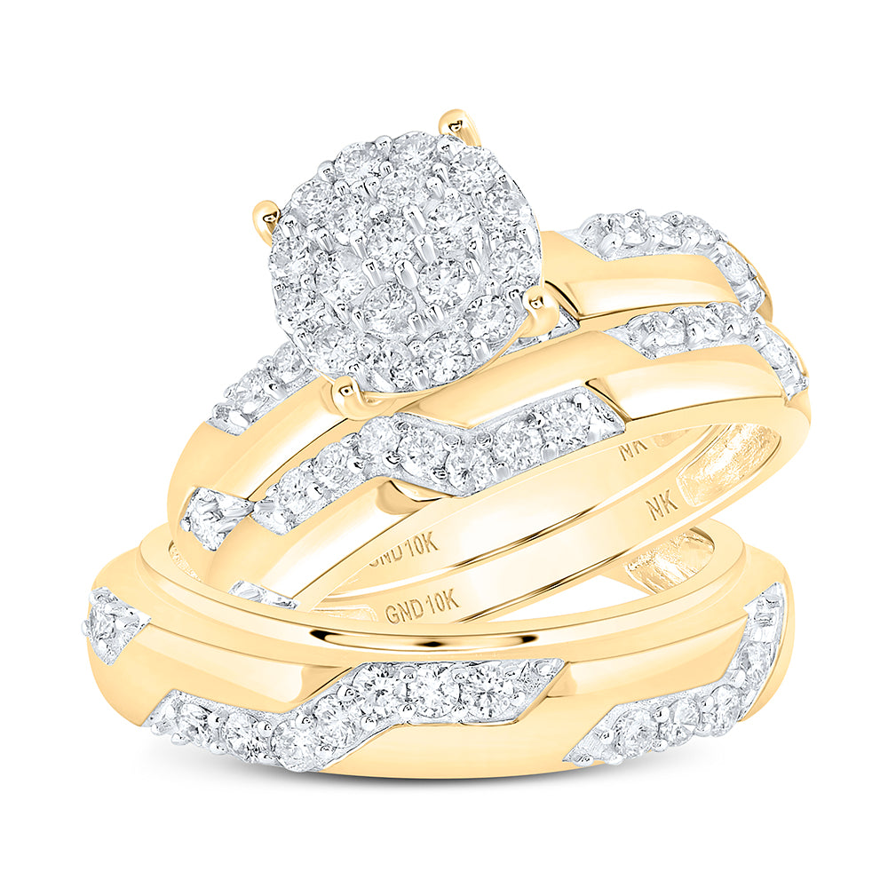 10K Yellow Gold His Hers Round Diamond Cluster Matching Wedding Set 1ctw, Womens Size: 5-10, Mens Size: 7-13