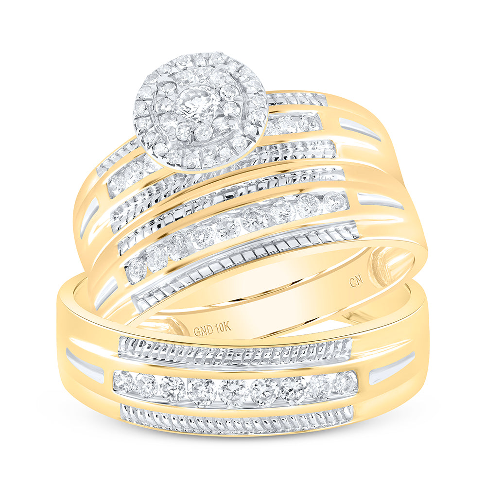 10K Yellow Gold His Hers Round Diamond Halo Matching Wedding Set 5/8 Cttw, Womens Size: 5-10, Mens Size: 7-13