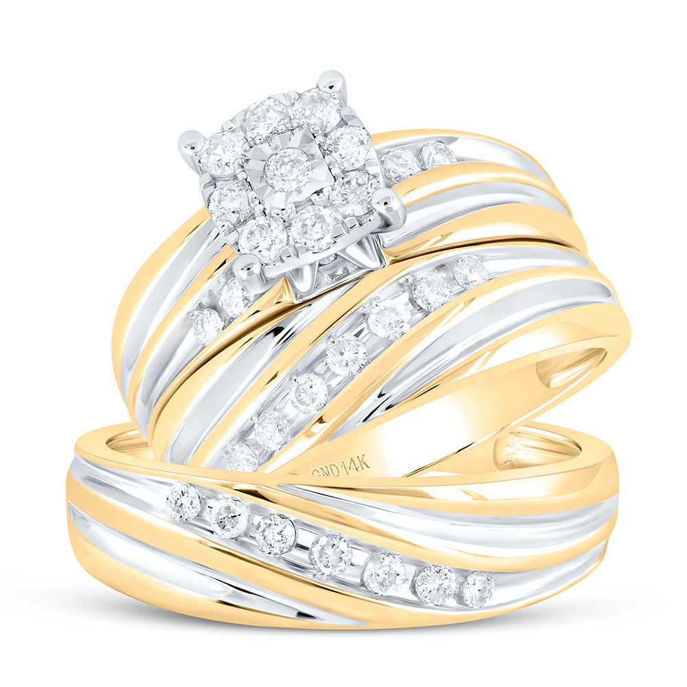 14kt Yellow Gold His & Hers Round Diamond Cluster Matching Bridal Wedding Ring Band Set 5/8 Cttw, Women Size: 5-9, Men Size: 8-12