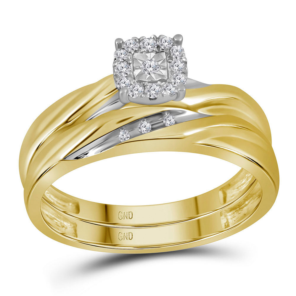 10K Yellow Gold His Hers Round Diamond Solitaire Matching Wedding Set 1/8ctw, Womens Size: 5-10, Mens Size: 7-13