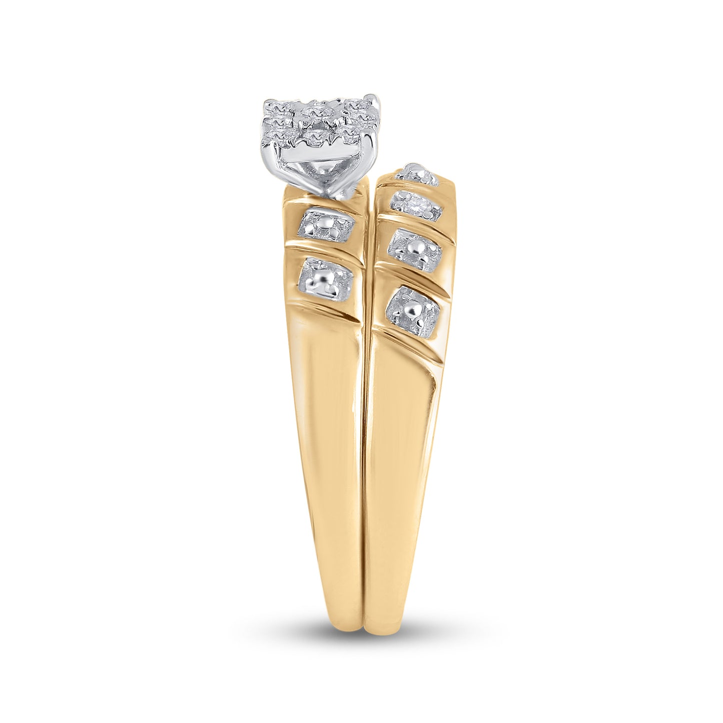 10K Yellow Gold His Hers Round Diamond Cluster Matching Wedding Set 1/8ctw, Womens Size: 5-10, Mens Size: 7-13