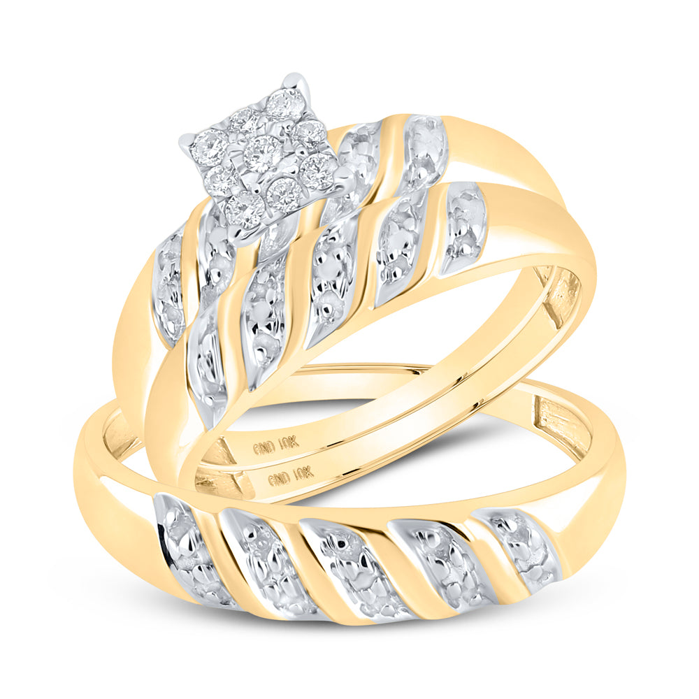 10K Yellow Gold His Hers Round Diamond Cluster Matching Wedding Set 1/8ctw, Women's Size: 5-10, Mens Size: 7-13