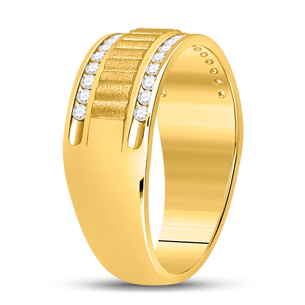 14K Yellow Gold Mens Round Diamond Double Row Matte Textured Wedding Band Ring 1/3 Cttw, Mens Size: 7-13