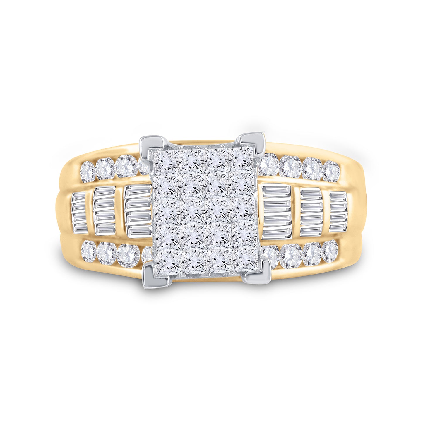 10K Yellow Gold Princess Diamond Cluster Bridal Wedding Engagement Ring 1-1/2 Cttw, Womens Size: 5-10