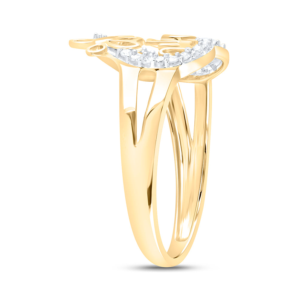 10K Yellow Gold Womens Round Diamond Mom Heart Butterfly Ring 1/6 Cttw, Womens Size: 5-10