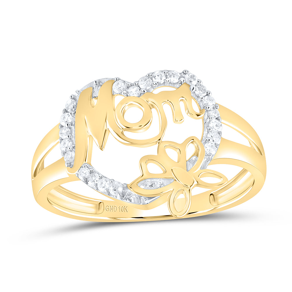 10K Yellow Gold Womens Round Diamond Mom Heart Butterfly Ring 1/6 Cttw, Womens Size: 5-10