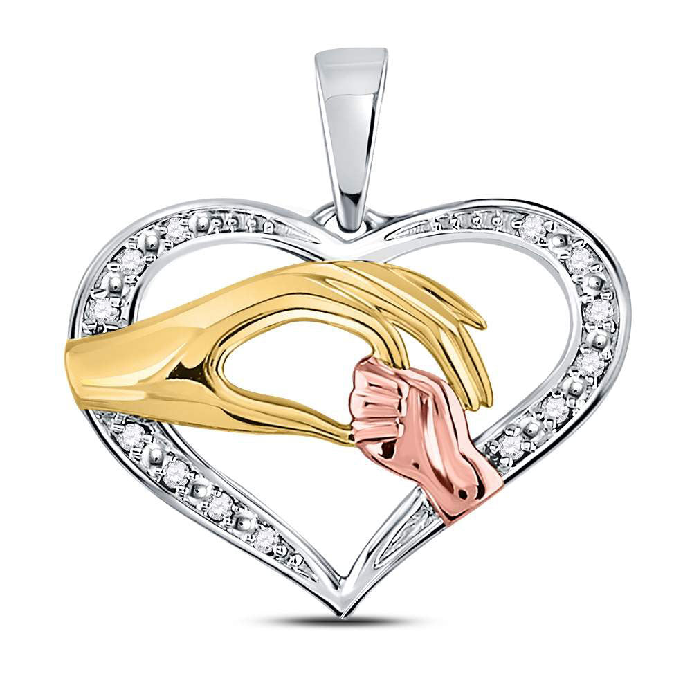 10kt Tri-tone Gold Womens Round Diamond Mom Mother Child Hands Pendant 1/12 Cttw