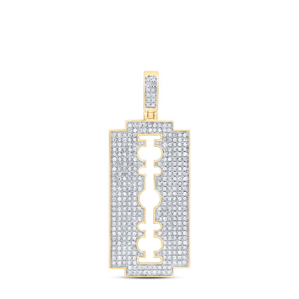 10K Yellow Gold Mens Round Diamond Razor Blade Charm Pendant 1 Cttw