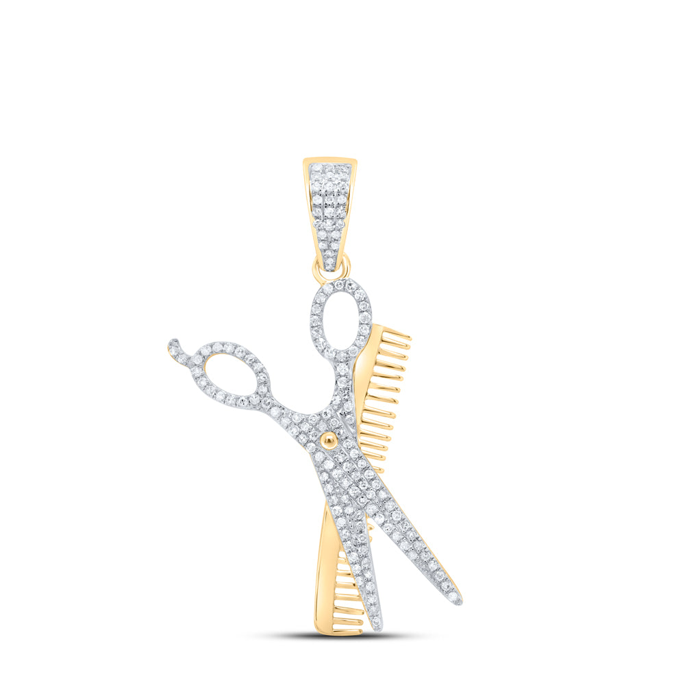 10K Yellow Gold Mens Round Diamond Scissors Comb Barber Charm Pendant 3/4 Cttw, Length: 1.97 In, Width: 0.65 In