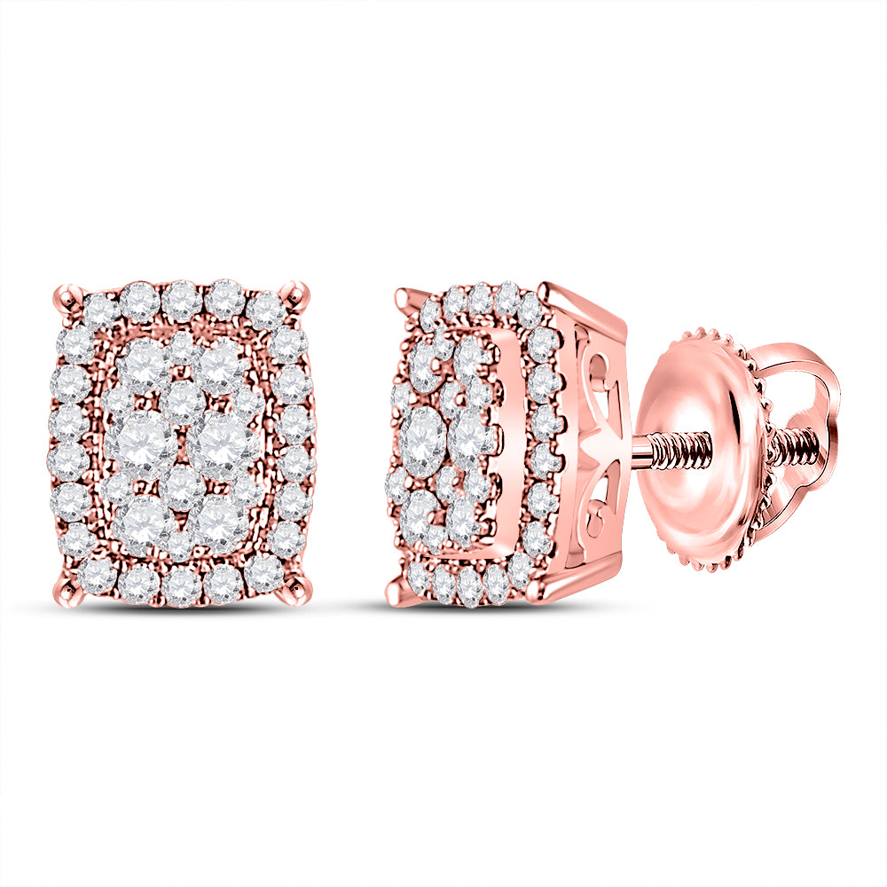 14K Rose Gold Womens Round Diamond Rectangular Cluster Earrings 1/2ctw