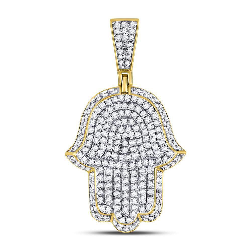 10K Yellow Gold Mens Round Diamond Hamsa Charm Pendant 1-1/4 Cttw, Length: 1.33 In, Width: 0.75 In