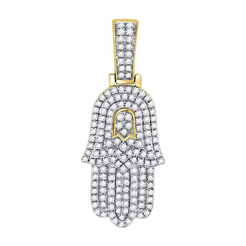 10K Yellow Gold Mens Round Diamond Hamsa Charm Pendant 1/2 Cttw, Length: 1.17 In, Width: 0.48 In