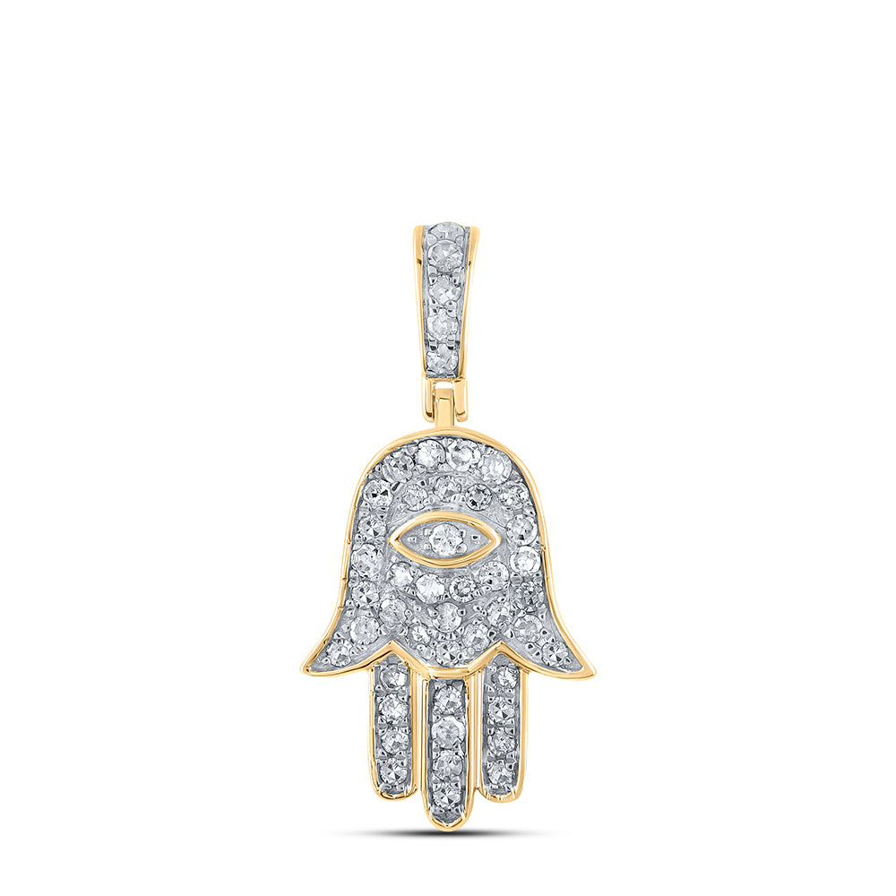 10K Yellow Gold Mens Round Diamond Hamsa Eye Fatima Charm Pendant 1/4 Cttw, Length: 1.07 In, Width: 0.54 In