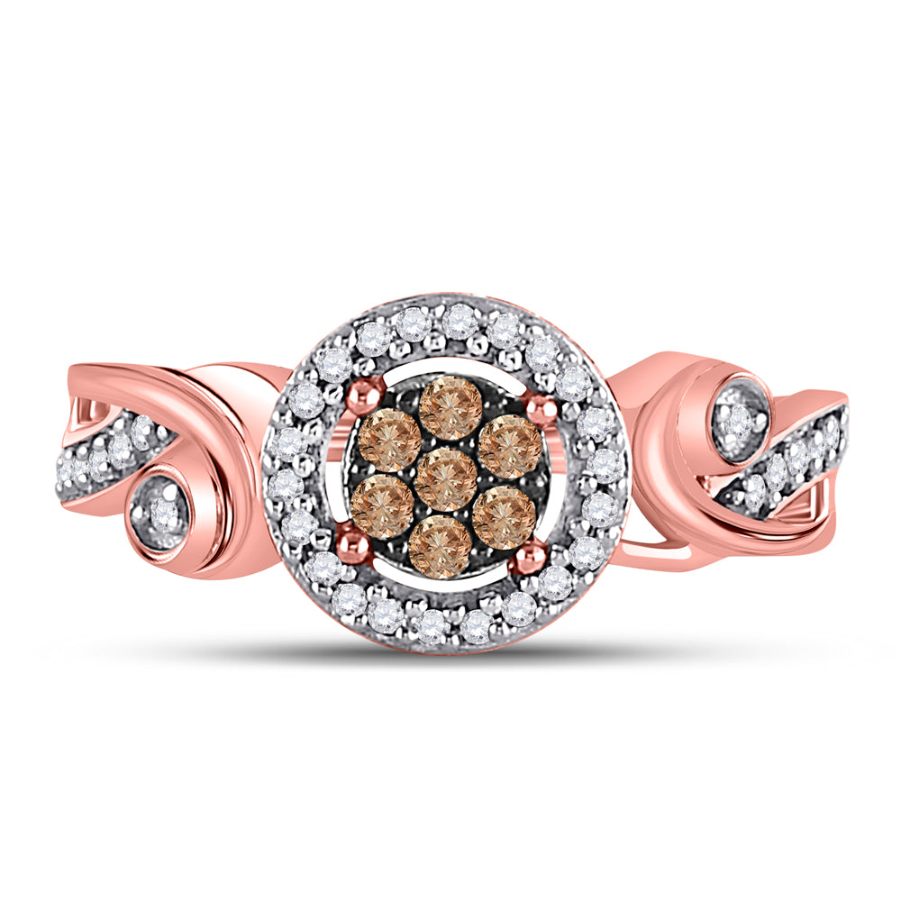 10K Rose Gold Womens Round Brown Diamond Fashion Cluster Ring 1/4 Cttw, Womens Size: 5-10