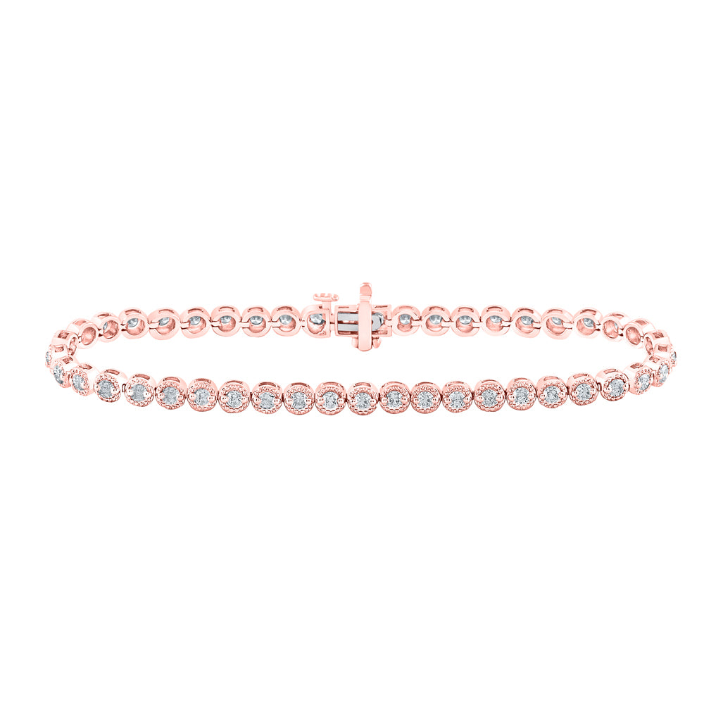 14kt Rose Gold Womens Round Diamond Milgrain Tennis Bracelet 2.00 Cttw