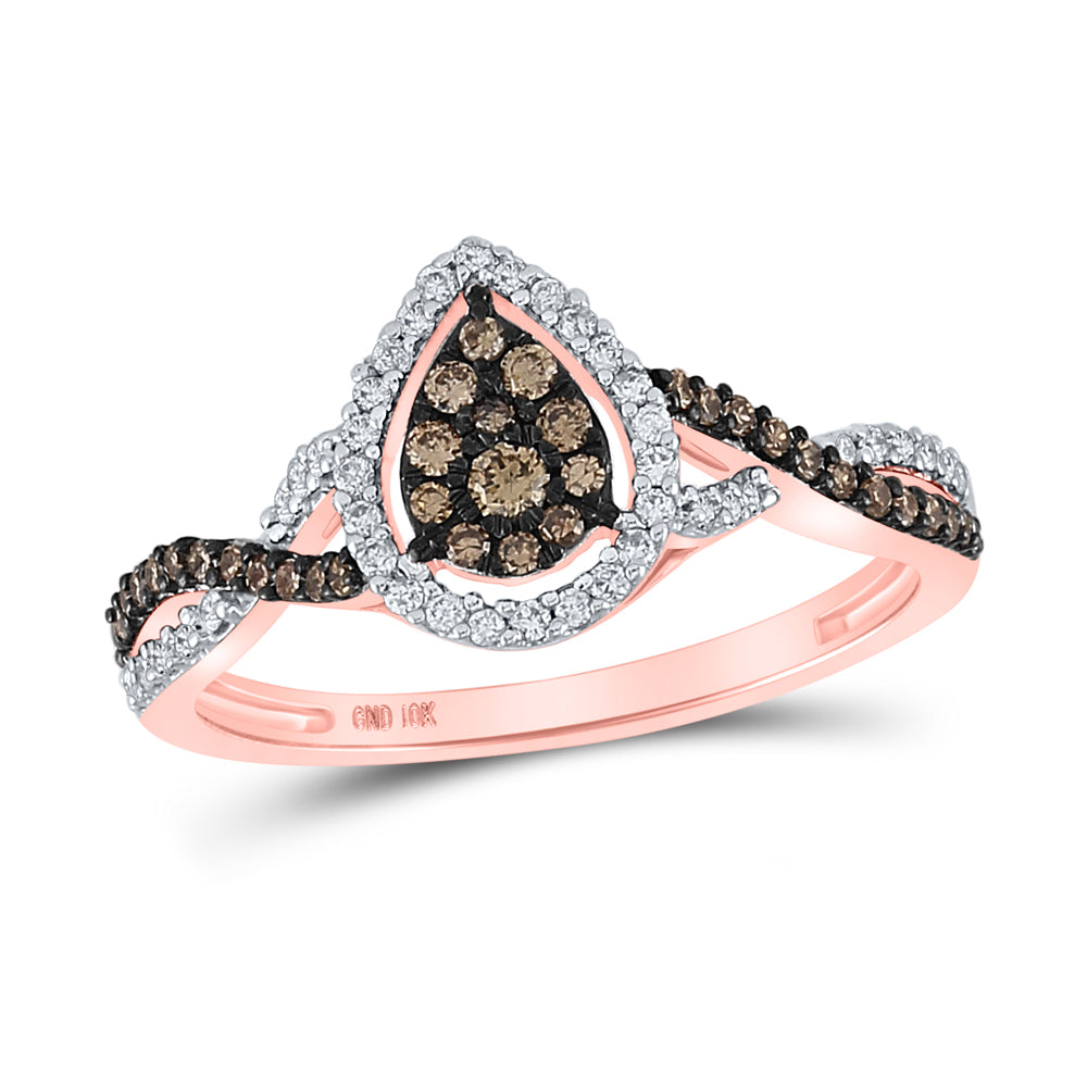 10K Rose Gold Womens Round Brown Diamond Fashion Pear Cluster Ring 1/3 Cttw, Womens Size: 5-10