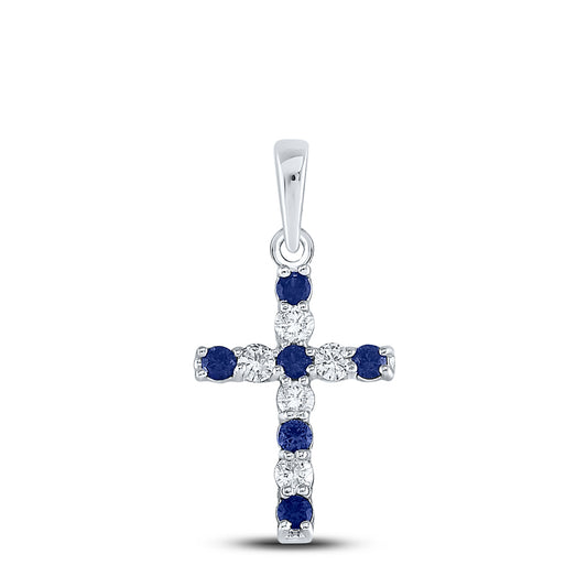 10kt White Gold Womens Round Lab-created Blue Sapphire Cross Faith Pendant 1/3 Cttw