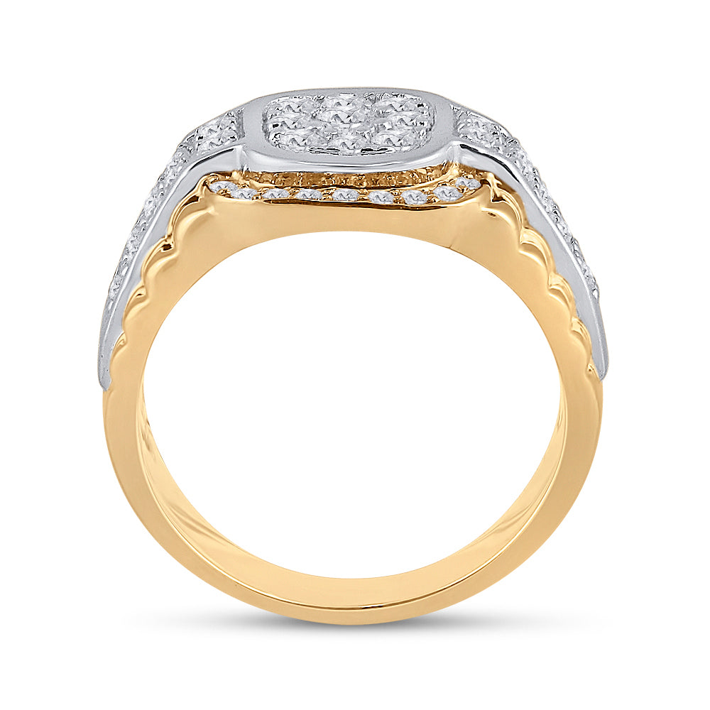 10K Two-tone Gold Mens Round Diamond Ribbed Square Cluster Ring 1-1/4 Cttw, Mens Size: 7-13